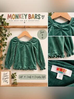 Monkey Bars Girls Size 4 Green Velour Long Sleeve Ruffle Top